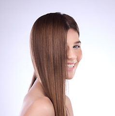 Image showing Beauty, face portrait and hair care of woman in studio isolated on a background. Cosmetics, makeup skincare and happy female model with salon treatment for healthy growth, balayage and hairstyle.