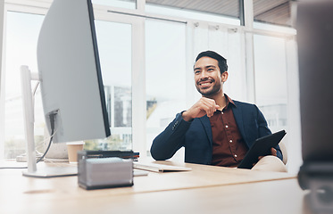 Image showing Corporate asian man, computer and smile in office for email communication, schedule and tablet. Entrepreneur, businessman and focus by desktop for web design, happy or vision with digital touchscreen