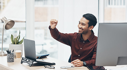 Image showing Sign and small gesture by happy businessman on a laptop, cheerful and excited in an office. Hands, emoji and little symbol by asian leader with idea for startup, mission or problem solving