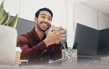 Image showing Phone call communication, laugh and business man listening to funny joke from digital contact. Comedy humor, e commerce and forex account manager or talking broker networking on bitcoin trading chat