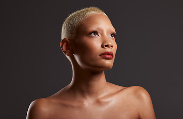 Image showing Beauty, makeup and skincare, profile of woman in dark studio with platinum hair isolated on grey background. Art aesthetic, cosmetics and beautiful model in glowing skin and spa facial.