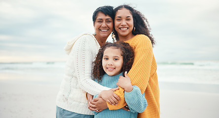 Image showing Portrait of grandmother, mom and girl on beach enjoying holiday, travel vacation and weekend together. Happy family, ocean and grandma smile with mother and child for bonding, quality time and love