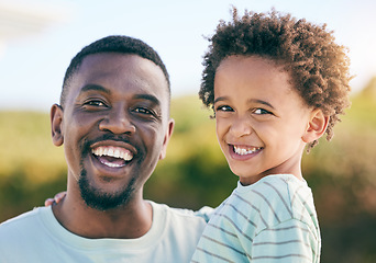 Image showing Black family, portrait and dad smile with young child together outdoor with happiness. Happy, smile and father bonding with his kid with parent care, love and support on summer holiday with joy