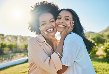 Image showing Portrait, summer and black woman friends bonding outdoor in nature together during holiday or vacation. Family, sister or friendship with an attractive young female and friend together outside