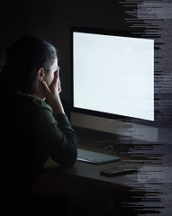 Image showing Night coding overlay, blank computer screen and woman feeling stress from cybersecurity problem. Futuristic graphic, 404 glitch and cyber issue on it software in the dark with a employee with anxiety