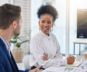 Image showing Business conversation, black woman and stock market analyst with communication about investing. Working, teamwork and collaboration of a investment manager talking about finance office strategy