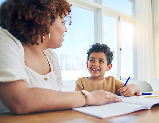 Image showing Education, mother or child writing for kindergarten homework or artistic school project at home. Drawing, color or happy mom working or helping a creative boy student with development as a family