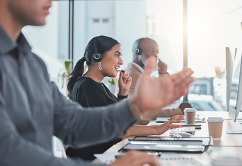 Image showing Call center, friendly and consulting with woman in office for customer service, communication and help desk. Happy, contact us and technical support with employee at computer for crm, sales or advice