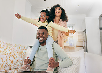 Image showing Portrait, love and black family on couch, quality time and happiness for bonding, loving and playing on weekend break. Face, parents and mother with father, female kid and child on sofa, smile or joy