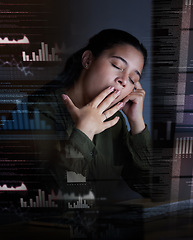 Image showing Yawn, digital hologram and woman at night in office for coding, programming and information technology. 3d screen overlay, networking and tired, exhausted and sleepy female worker on computer at desk