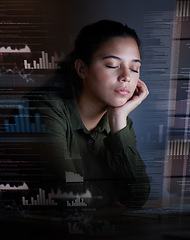 Image showing Sleeping, hologram and woman at night in office for coding, programming and information technology. Digital screen overlay, network and tired, exhausted and sleepy female worker on computer at desk