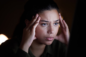 Image showing Headache, stress and woman working at night in office, unhappy and frustrated with internet glitch in dark business. Startup, crisis female with burnout at work late for deadline, 404 or task