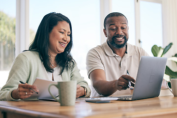 Image showing Budget, laptop and interracial couple planning home finance, savings or mortgage and taxes together in the living room. Couch, sofa and people review financial insurance document or paperwork