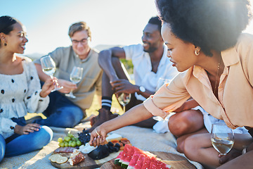 Image showing Friends, travel and picnic with food and outdoor in nature, fruit and cheese for nutrition and adventure in park. Wine, sun and summer holiday with social group, diversity and young people together.