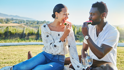 Image showing Watermelon, love or black couple on a picnic to relax on a summer holiday vacation in nature or grass. Partnership, romance or happy black woman enjoys traveling or bonding with a funny black man