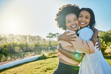 Image showing Nature park, hug and portrait of friends relax together on outdoor grass field for quality time, peace and freedom mockup. Sun lens flare, friendship reunion and African women bond in Jamaica mock up