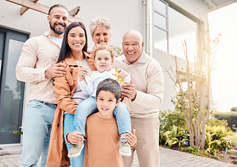 Image showing Portrait, house and family with happiness, quality time and love outdoor, cheerful or joyful. Face, grandparents or mother with father, siblings or children with home, care or bonding with investment