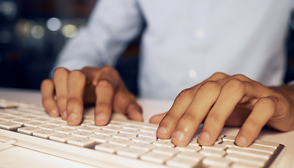 Image showing Computer keyboard, hands and business man typing online data analysis, feedback report or customer experience insight. Brand monitoring software, social media research and worker review web analytics