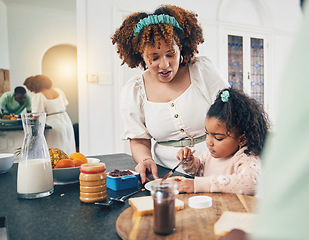 Image showing Love, breakfast food and black family kid, mother or people eating meal, bonding and prepare ingredients. Morning cooking, kitchen counter or hungry mom with young child making peanut butter sandwich