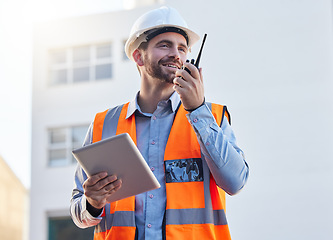Image showing Engineering, construction worker or man for project management, planning and communication on tablet and walkie talkie. Architecture, contractor or builder person with 5g technology at industrial job