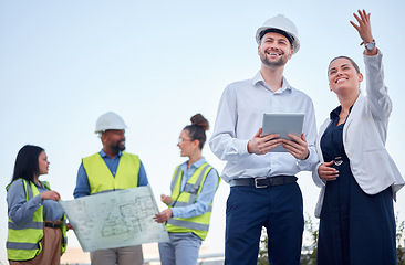 Image showing Outdoor, blueprint and architecture people planning, teamwork and collaboration at construction site. Engineering project, floor plan and manager woman talking to contractor of building development