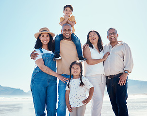 Image showing Portrait, beach and black family having fun outdoor in nature together on vacation during summer. Happy, smile or love with children, parents and grandparents bonding on the coast for a holiday