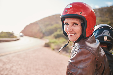 Image showing Motorcycle, travel and portrait of senior woman with man on a road for driving, adventure and freedom. Face, bikers and old couple on motorbike, happy and having fun on retirement, journey or highway