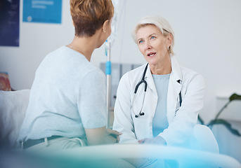 Image showing Woman, doctor and talking to patient for healthcare, clinic services and advice of wellness, therapy and results. Medical worker helping with serious hospital support, gynecology consultation or test