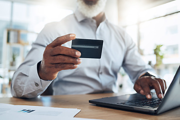 Image showing Man, business credit card and hands on laptop for ecommerce, finance or accounting in office. Closeup worker, computer and financial payment of budget, fintech trading or digital online economy