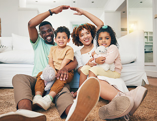 Image showing Family, security and insurance with parents and children in portrait, hands together for roof with shelter and safety. Black man, woman and kids, together and love with care, cover for home and life