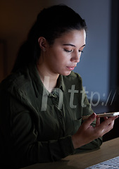 Image showing Web search, internet and phone with woman in office at night for networking, 3d hologram and connection. Technology, url and seo with employee and webpage for information, data and social media