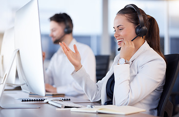 Image showing Contact us, call center or friendly woman speaking in telecom communications company in help desk. Happy smile, crm or insurance sales agent working or talking online in technical or customer support