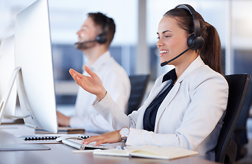 Image showing Contact us, call center or friendly woman talking in telecom communications company in help desk. Happy smile, crm or insurance sales agent working or speaking online in technical or customer support