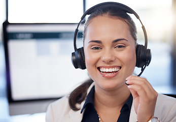 Image showing Contact us, call center or portrait of friendly woman in telecom communications company in help desk. Happy smile, crm or face of insurance sales agent working online in technical or customer support