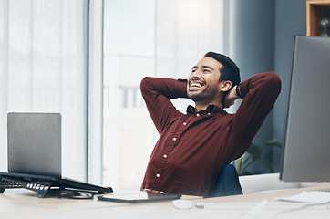 Image showing Smile, relax and business man in office after completing project or task in workplace. Laughing, thinking and happy male professional relaxing or resting after finishing working, goals and targets.