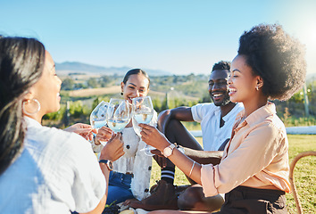 Image showing Toast, nature or friends on a picnic to relax on holiday vacation to celebrate diversity or freedom. Cheers, wine and people with a happy smile, support or love in celebration of birthday or reunion