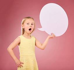 Image showing Speech bubble, talking and portrait of child on pink background for news, announcement and opinion. Speaking, communication and girl with open mouth and poster, banner and billboard space in studio