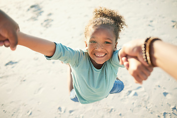 Image showing Pov, happy and father spinning child while at the beach on a summer vacation, adventure or weekend trip. Happiness, freedom and man swinging a girl kid on the sand while having fun on seaside holiday