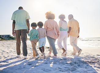 Image showing Family walk on the beach, holding hands and generations with travel and summer vacation, solidarity and love outdoor. Grandparents, parents and children on holiday, people together with back view