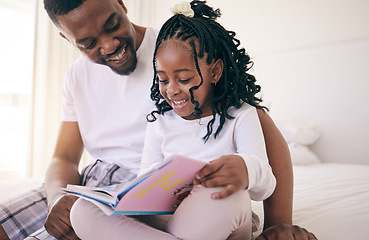 Image showing Black family, children and a father reading to his daughter in the bedroom of their home together for storytelling. Kids, education or books with a man and girl child sitting on the bed to read