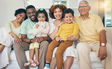 Image showing Portrait, happy and family on couch, quality time and bonding with rest, relax and loving together. Face, grandparents and father with mother, siblings and children on sofa, relationship or happiness