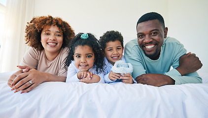 Image showing Family, portrait and parents with children and love, relax at home and spending time together with bonding and care. Happy people, mom and dad with kids, diversity and smile, unity and relationship