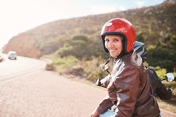 Image showing Travel, motorcycle and portrait of senior woman with man on a road for driving, adventure and freedom. Face, bikers and old couple on motorbike, happy and having fun on retirement, journey or highway