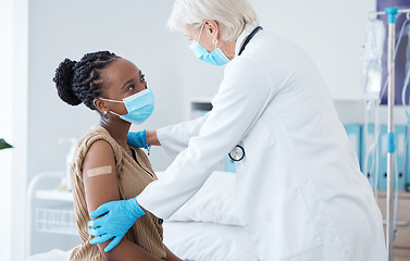 Image showing Medical, covid and vaccine with doctor and black woman for advice, treatment and results. Healthcare, medicine and protection with patient and expert for examination, prevention and outbreak