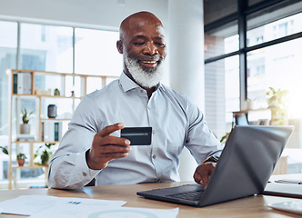 Image showing Happy man, business credit card and laptop for ecommerce, finance and accounting in office. Manager, computer and financial payment of budget, fintech trading and banking for investment economy