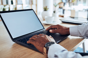 Image showing Man, hands and mockup on laptop keyboard, marketing space and planning online administration. Closeup worker, mock up computer screen and technology for research, seo or advertising placeholder