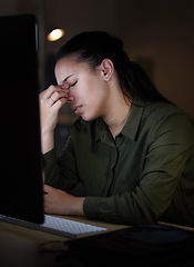 Image showing Computer, headache and stress by woman in office suffering from burnout, depressed and overworked. Dark, evening and corporate professional person frustrated, overtime and sick or sad employee