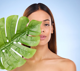 Image showing Woman, portrait and face with leaf in beauty for natural skincare cosmetics, self love or care on a blue studio background. Female holding eco green plant for sustainable wellness and organic facial