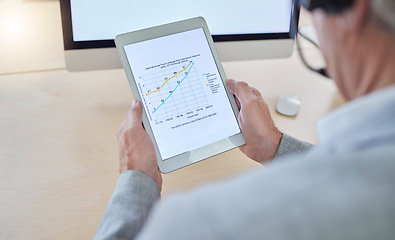 Image showing Online education, tablet data and hands of call center agent, consultant or teacher with e learning statistics. Person lines graph, chart or numbers for digital course, review or analysis on screen