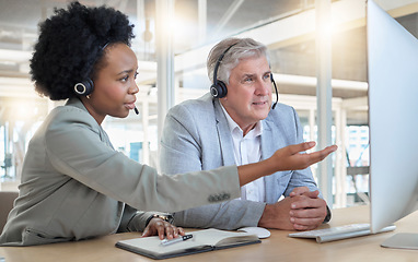 Image showing Call center, teamwork and coaching, black woman with man at computer at help desk office. Customer service consultant manager, support and training at advisory agency with diversity and trust in team